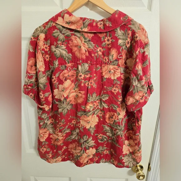 Lauren Ralph Lauren Red And Pink Floral Linen Casual Button Front Shirt Size 2X - Picture 2 of 6